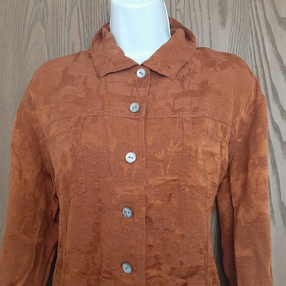 Chico's Design Silk Linen Brown Two Pocket Blouse Size 3 XL Abstract Pattern - Picture 2 of 6